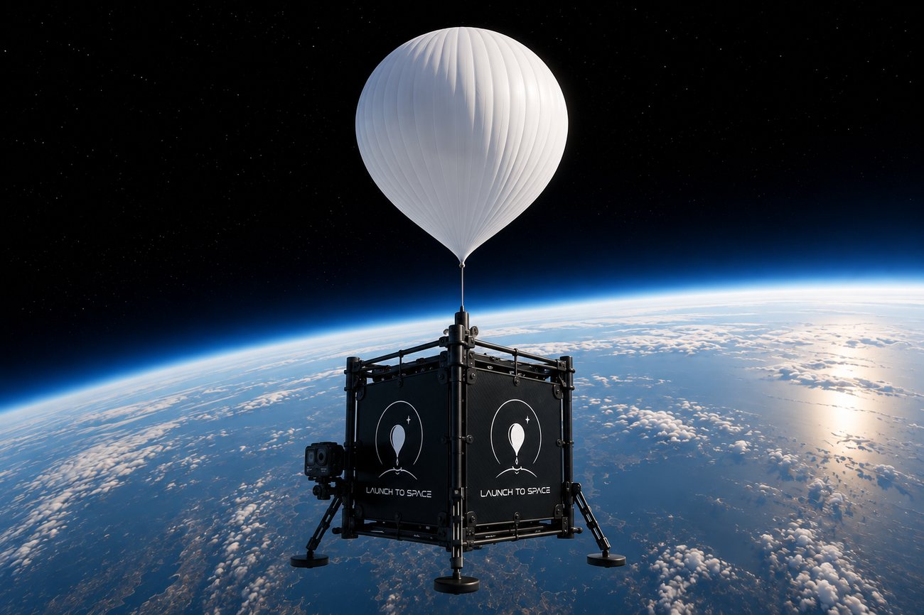 Launch To Space high-altitude balloon carrying the carbon-fibre payload carrier above the curvature of Earth
