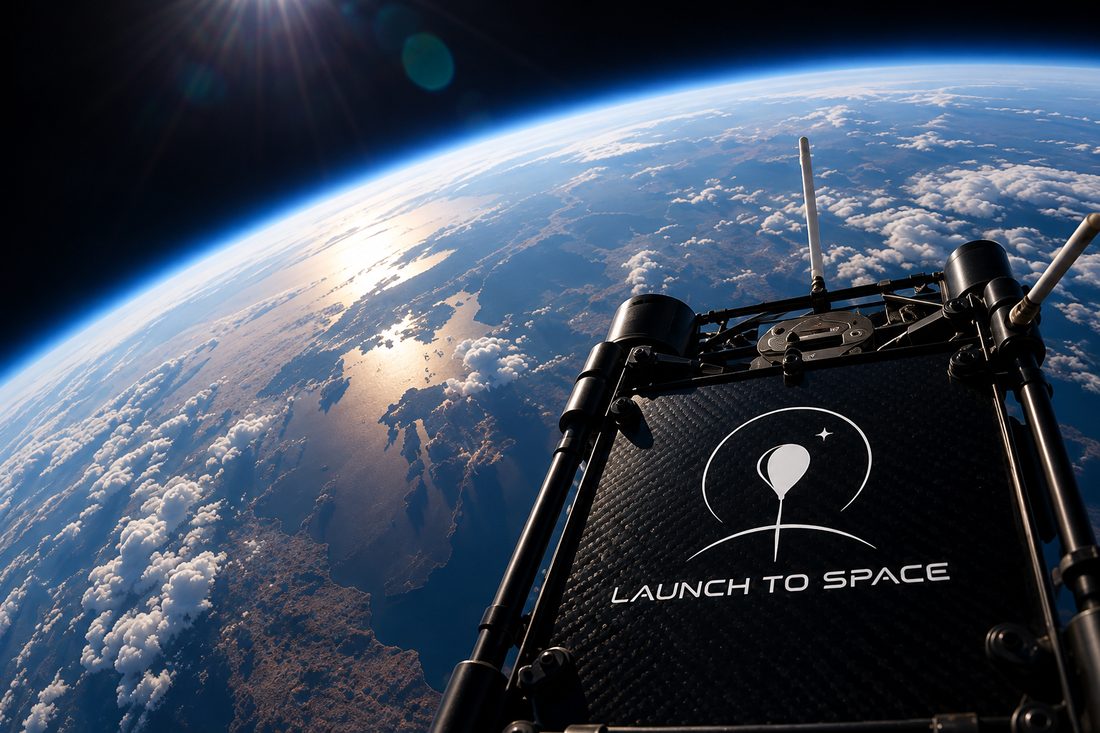 Branded Launch To Space payload carrier photographed at the edge of space with Earth below