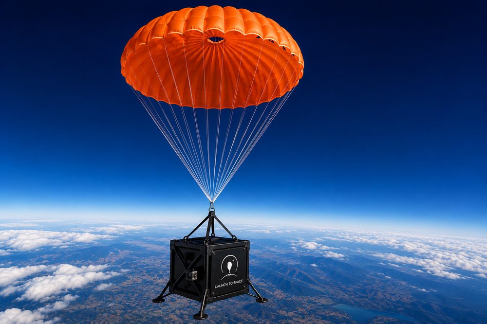 Payload carrier descending under an orange parachute